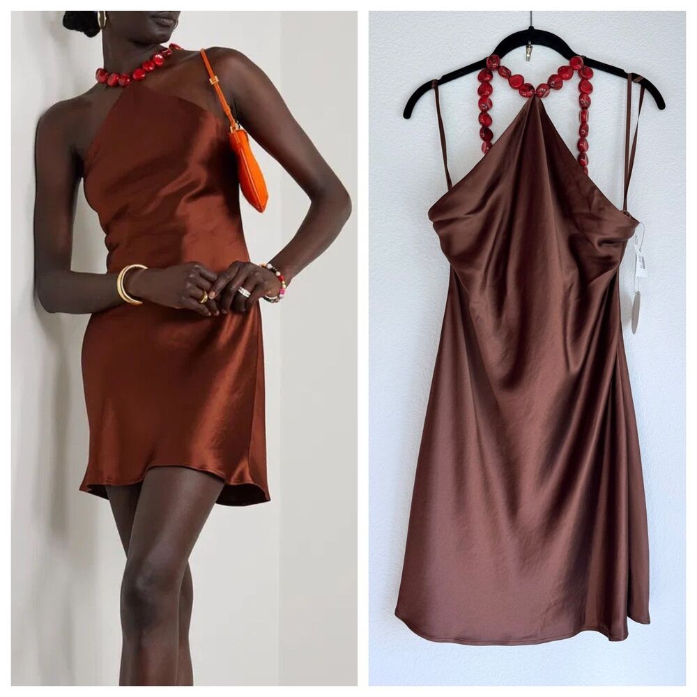 NWT STAUD Cadence Bead-Embellished Satin Halterneck Mini Dress in Clove Brown 12